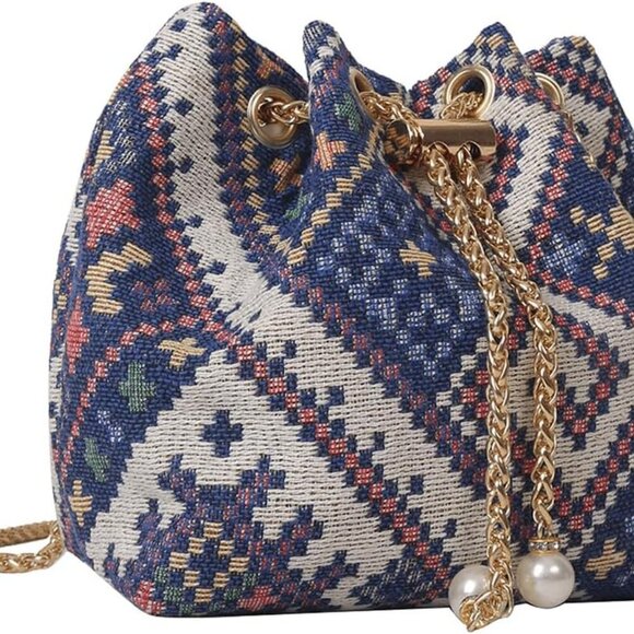 Blue White Multi Mini Plaid Drawstring Tote Bag Casual Boho Shoulder Handbag - Picture 1 of 7